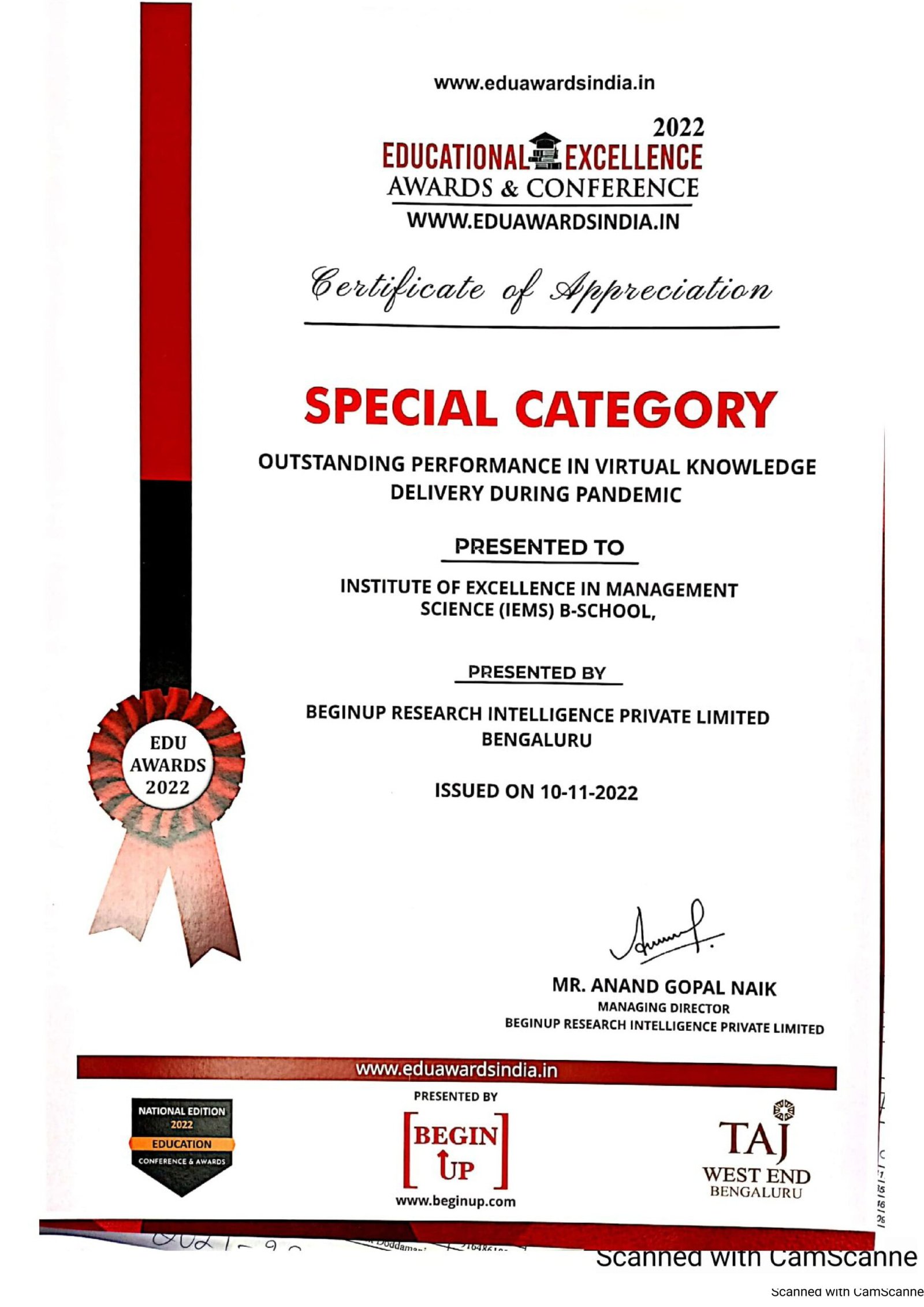 Awards & Accolades IEMS BSchool, Hubli